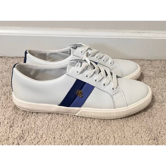 Lauren Ralph Lauren Janson II Leather Comfort Sneakers White/Blue Stripes 8.5 - Picture 2 of 10